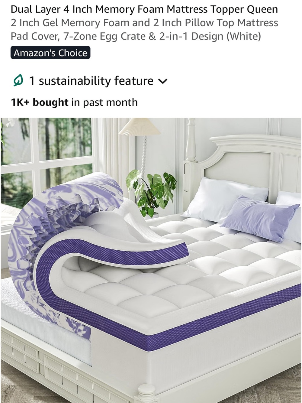 Queen Dual-Layer Mattress Topper Cover in White with Purple Trim